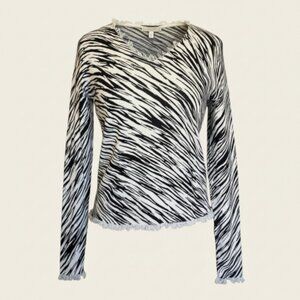 Cashmere Zebra Print Asym V-Neck Sweater Top Frayed Hem Soft M